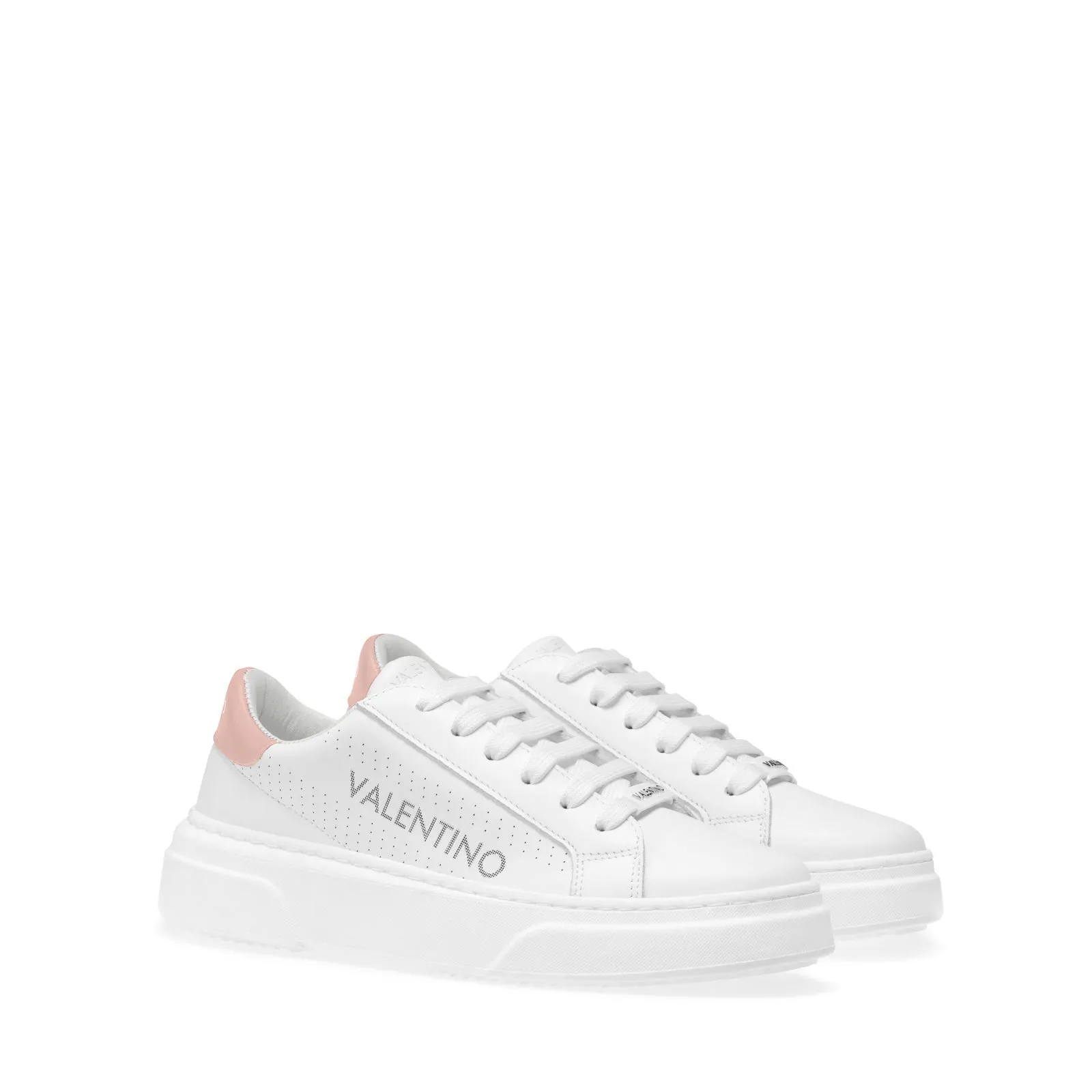 VALENTINO Lace Up Sneaker in White Leather and Pink Inlay