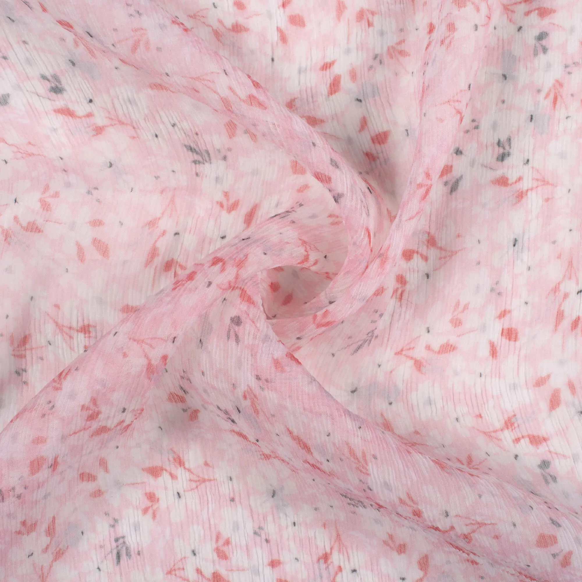 White and Pink Floral Pattern Bemberg Chiffon Fabric Print