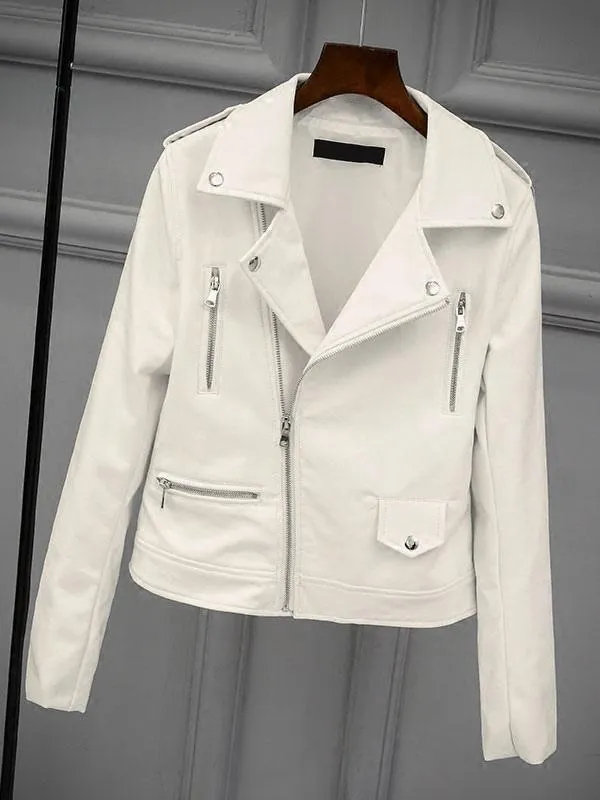 White Moto Jacket Turn-Down Collar Spring PU Leather Women's Outerwear