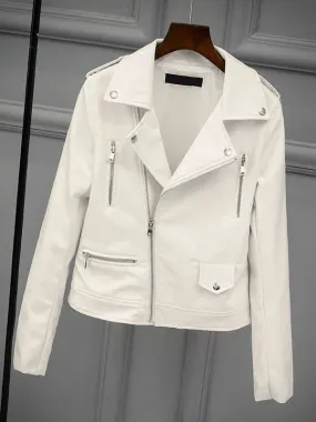 White Moto Jacket Turn-Down Collar Spring PU Leather Women's Outerwear