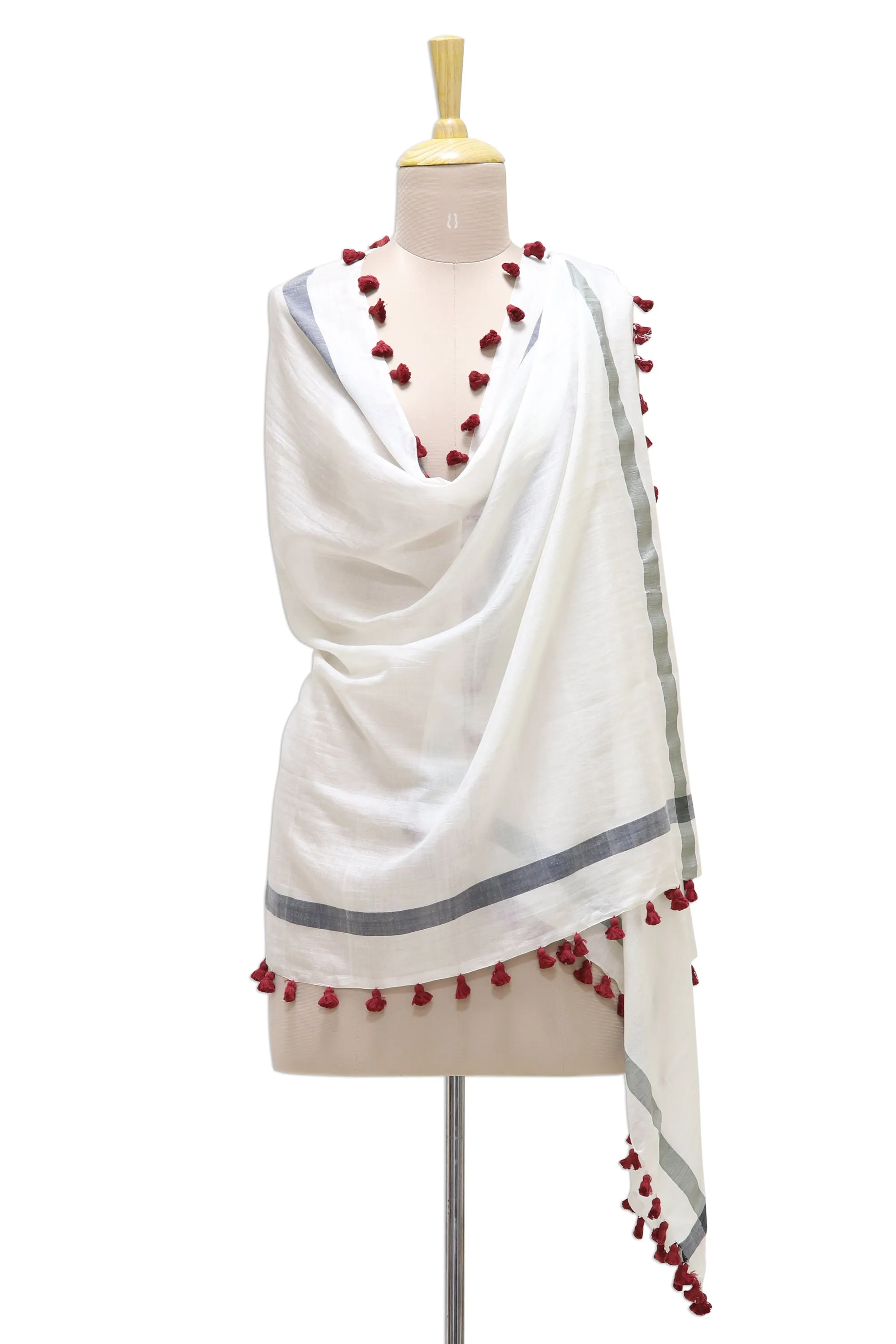 White Silk Cotton Shawl with Red Tassels