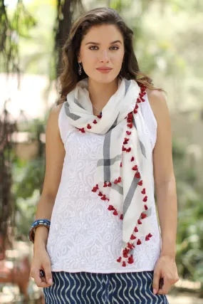 White Silk Cotton Shawl with Red Tassels