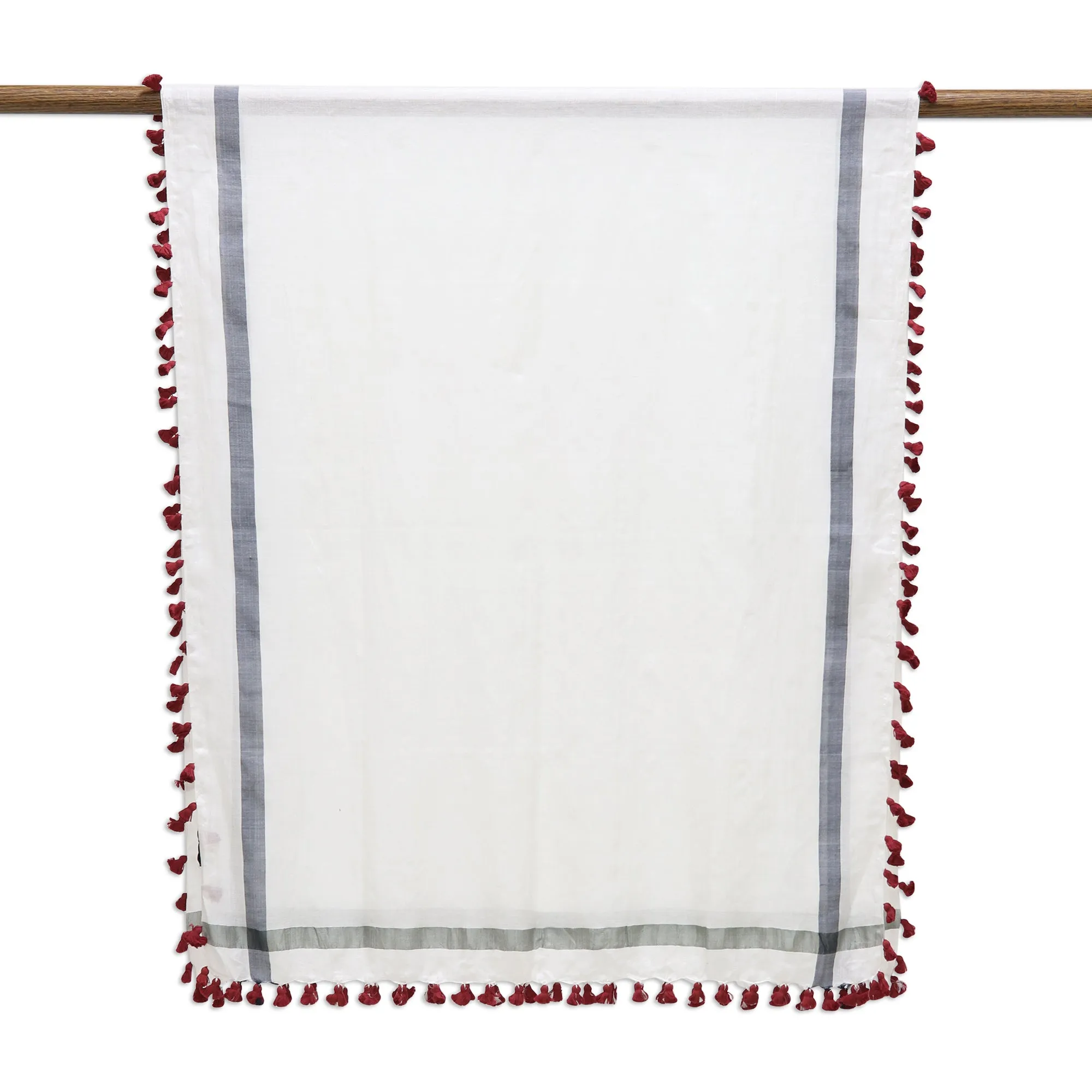 White Silk Cotton Shawl with Red Tassels