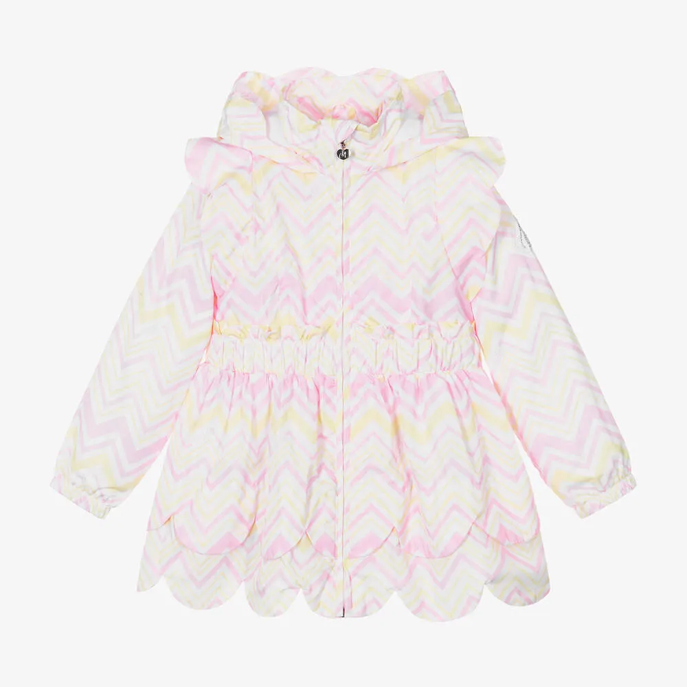 White ZigZag Print Girls Hooded Coat