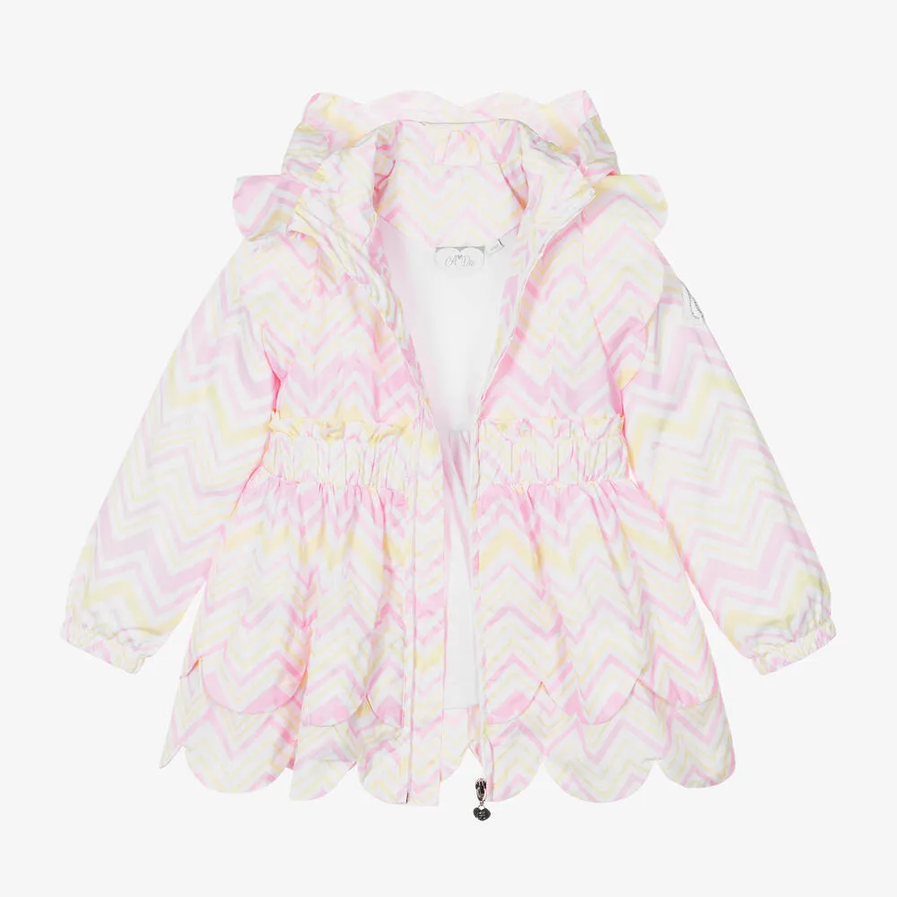 White ZigZag Print Girls Hooded Coat