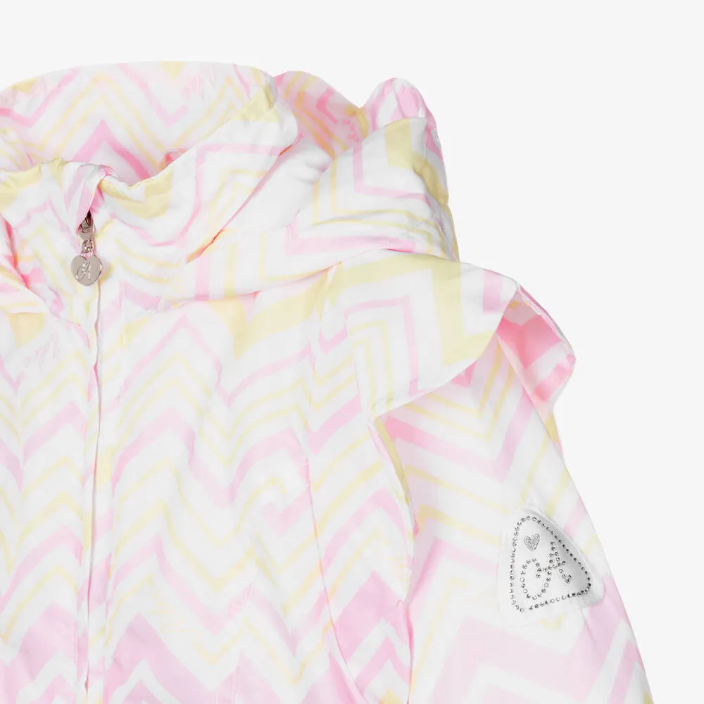 White ZigZag Print Girls Hooded Coat