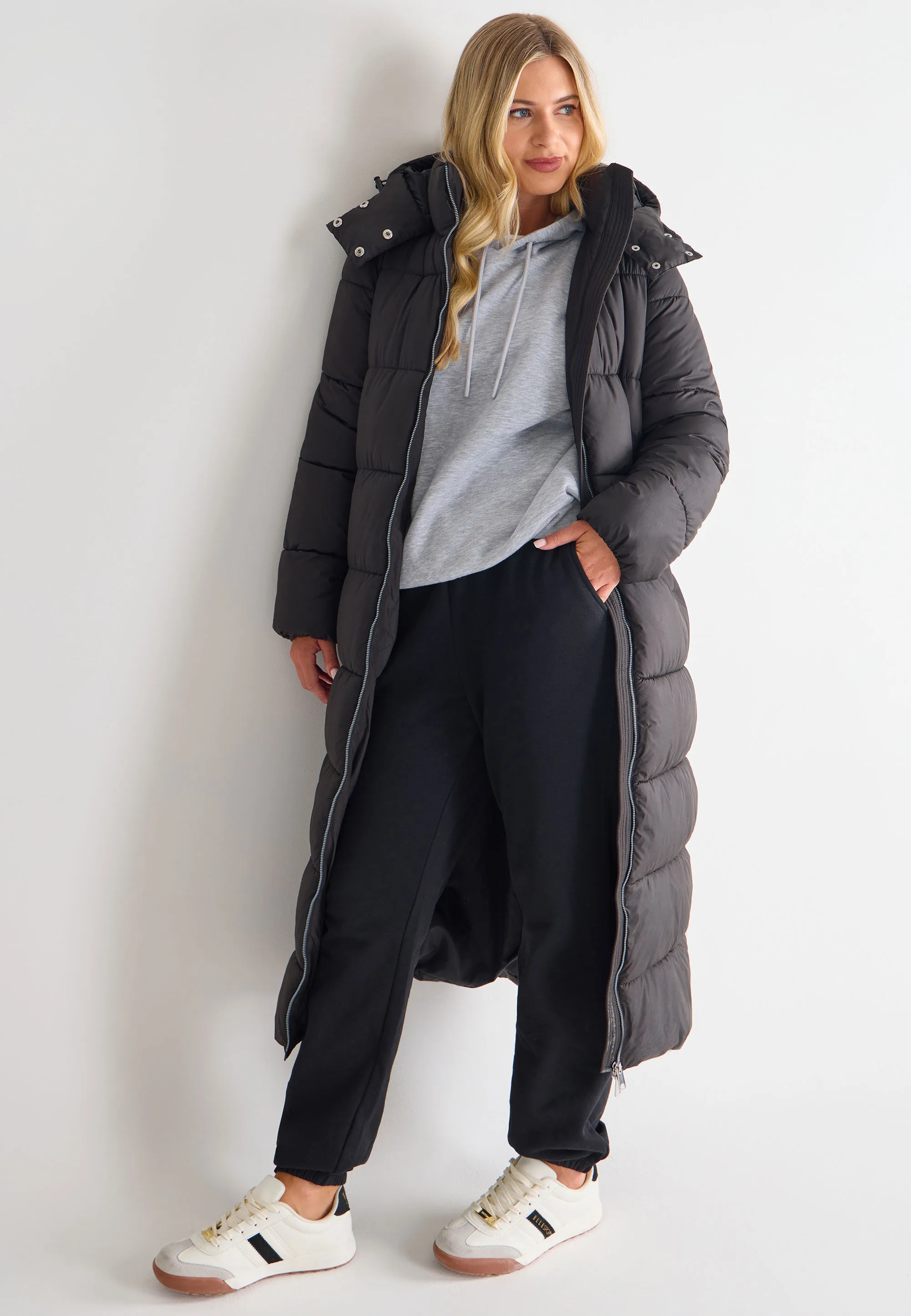 Womens Black Extra Longline Padded Coat