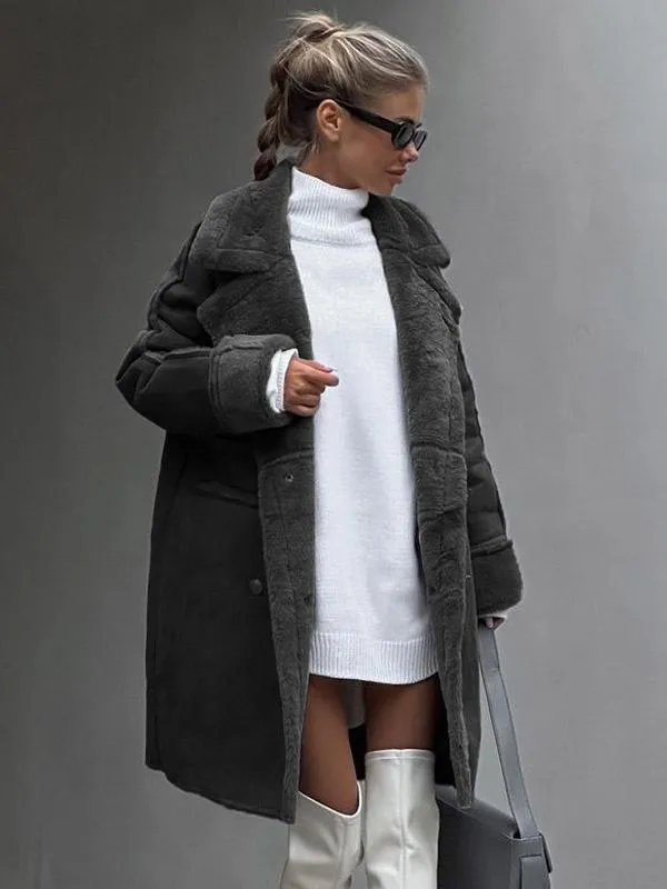 Women's Plush Sleeve Winter Coat Solid Color Lapel Outerwear