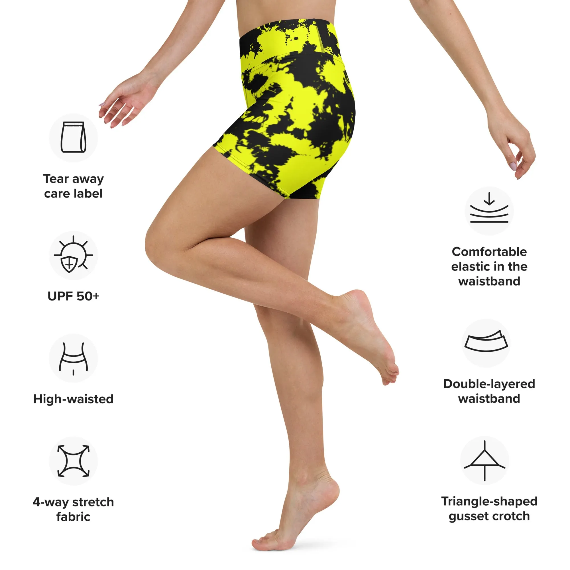 Yellow Black Paint Splatter Rave Ready Yoga Shorts w Inside Pocket