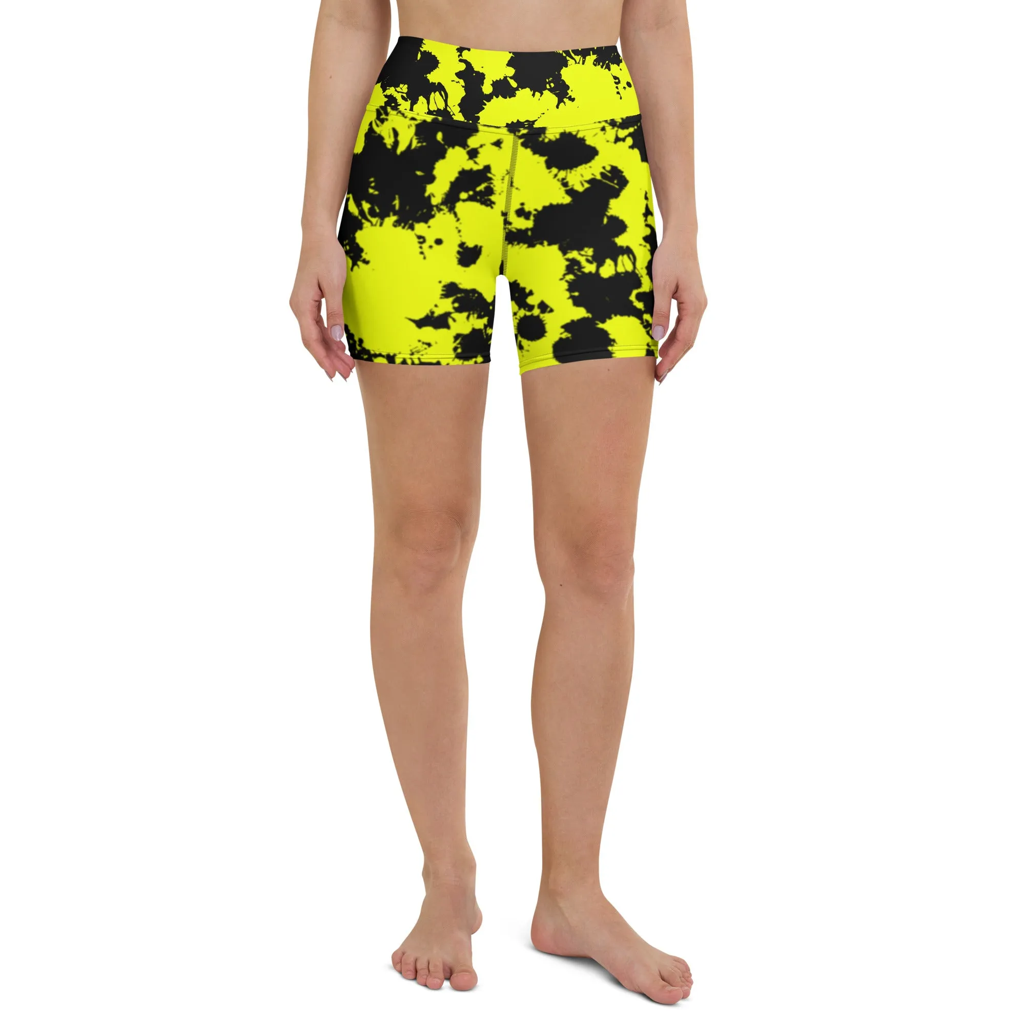 Yellow Black Paint Splatter Rave Ready Yoga Shorts w Inside Pocket