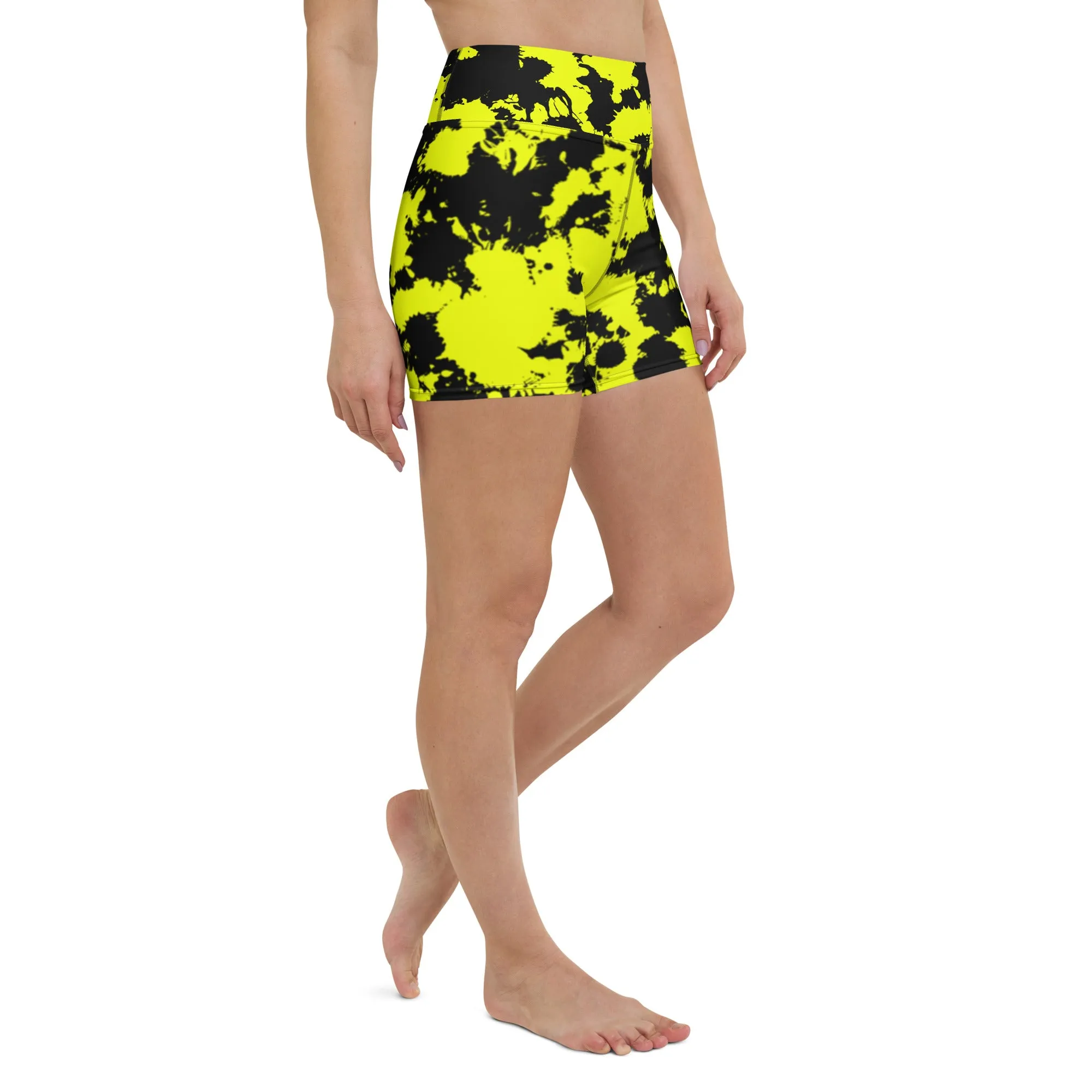 Yellow Black Paint Splatter Rave Ready Yoga Shorts w Inside Pocket