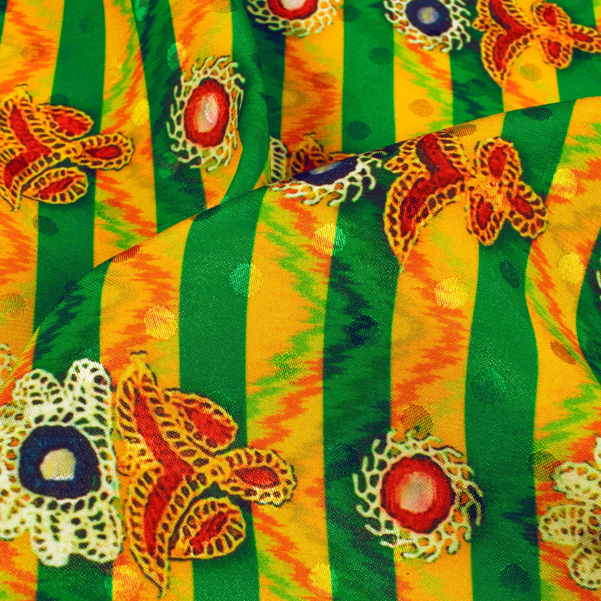 Yellow and Green Gamthi Pattern Digital Print Satin Fabric - 56 Inches Width