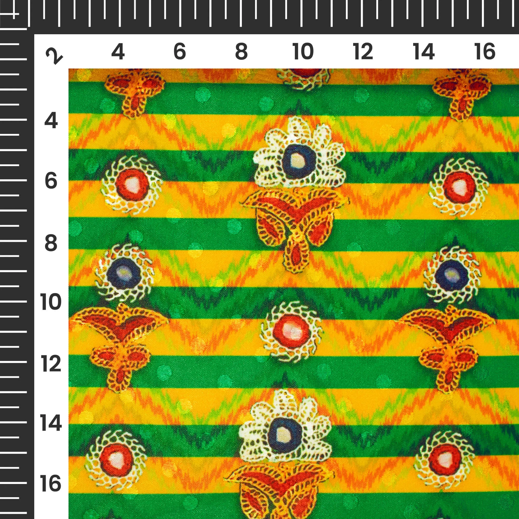 Yellow and Green Gamthi Pattern Digital Print Satin Fabric - 56 Inches Width