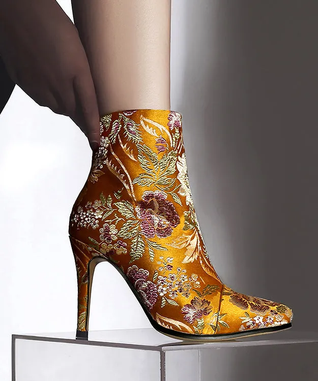 Yellow Embroidered Silk High Heel Ankle Boots with Zipper