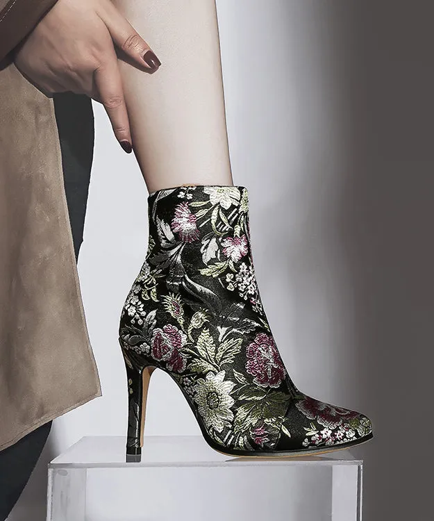 Yellow Embroidered Silk High Heel Ankle Boots with Zipper