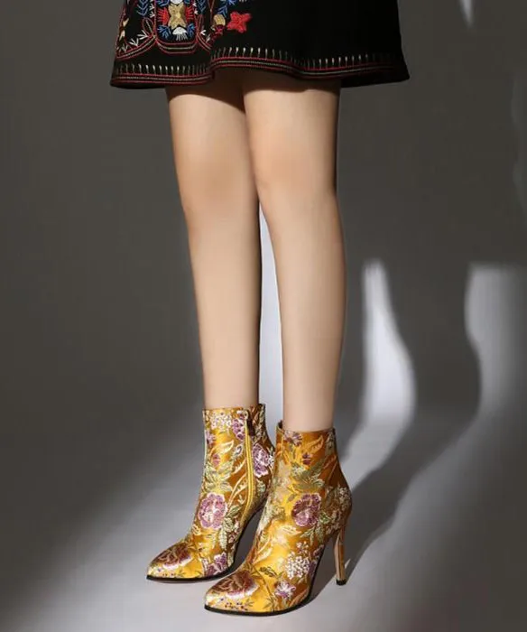 Yellow Embroidered Silk High Heel Ankle Boots with Zipper