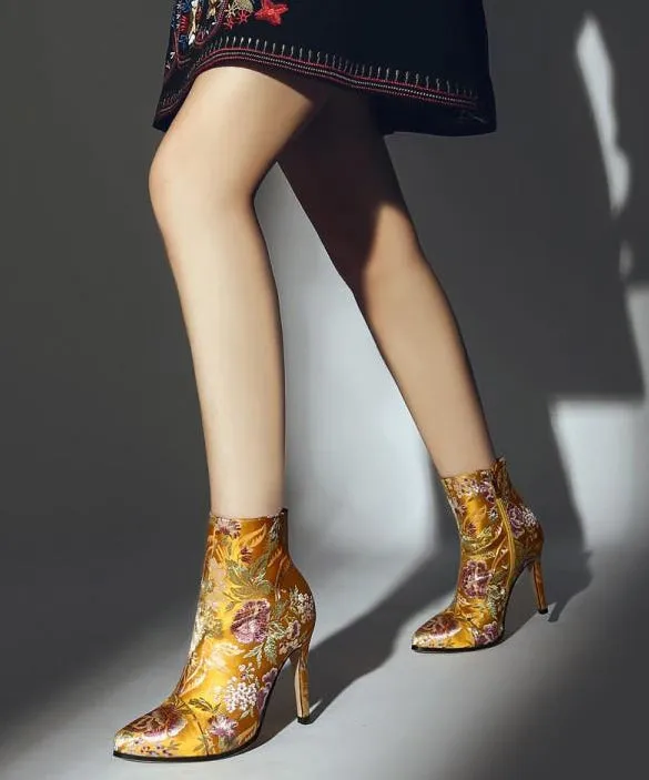 Yellow Embroidered Silk High Heel Ankle Boots with Zipper