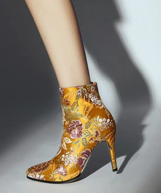 Yellow Embroidered Silk High Heel Ankle Boots with Zipper