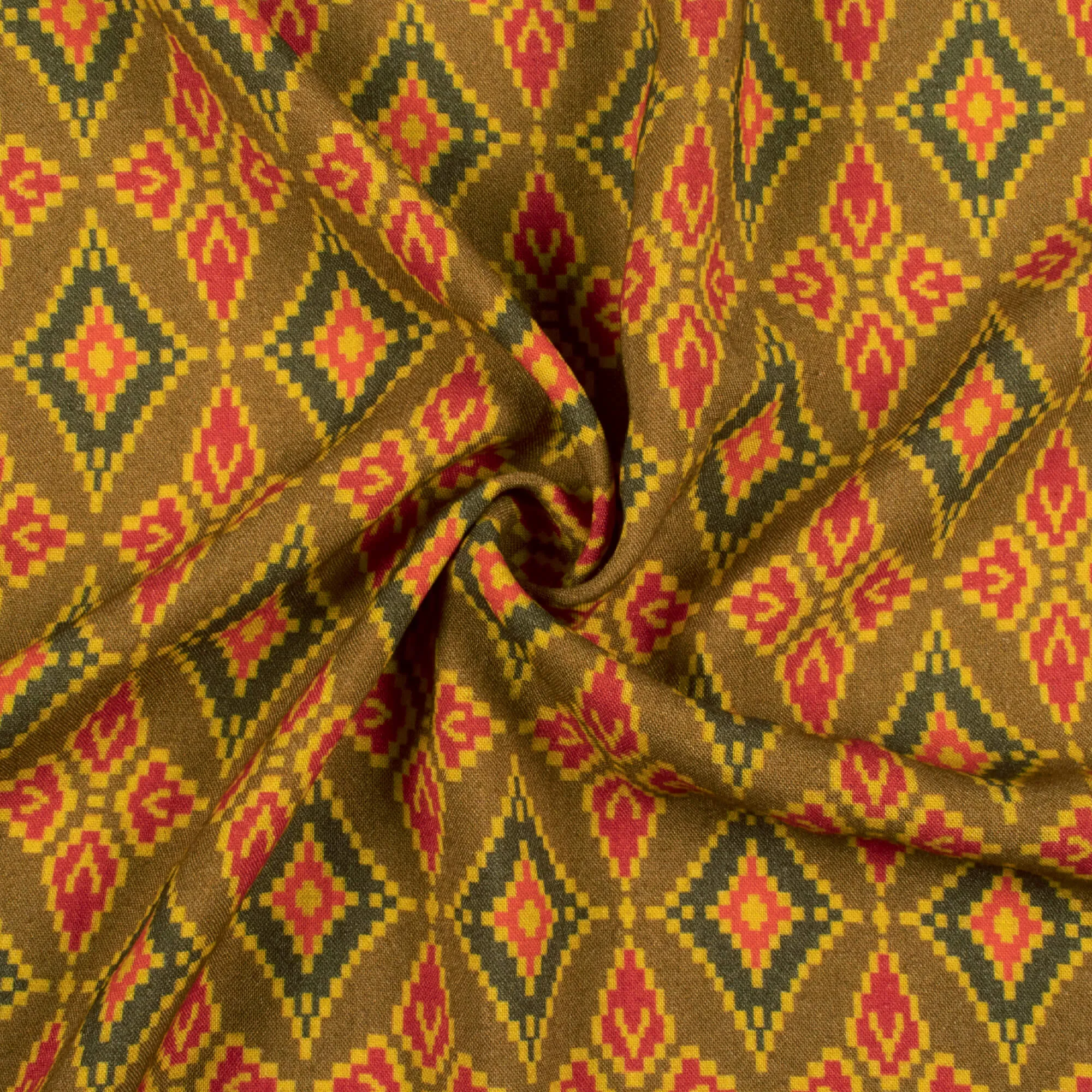 Yellow Red Patola Pattern Digital Print Viscose Rayon Fabric 58 Inches Wide Dijon Yellow