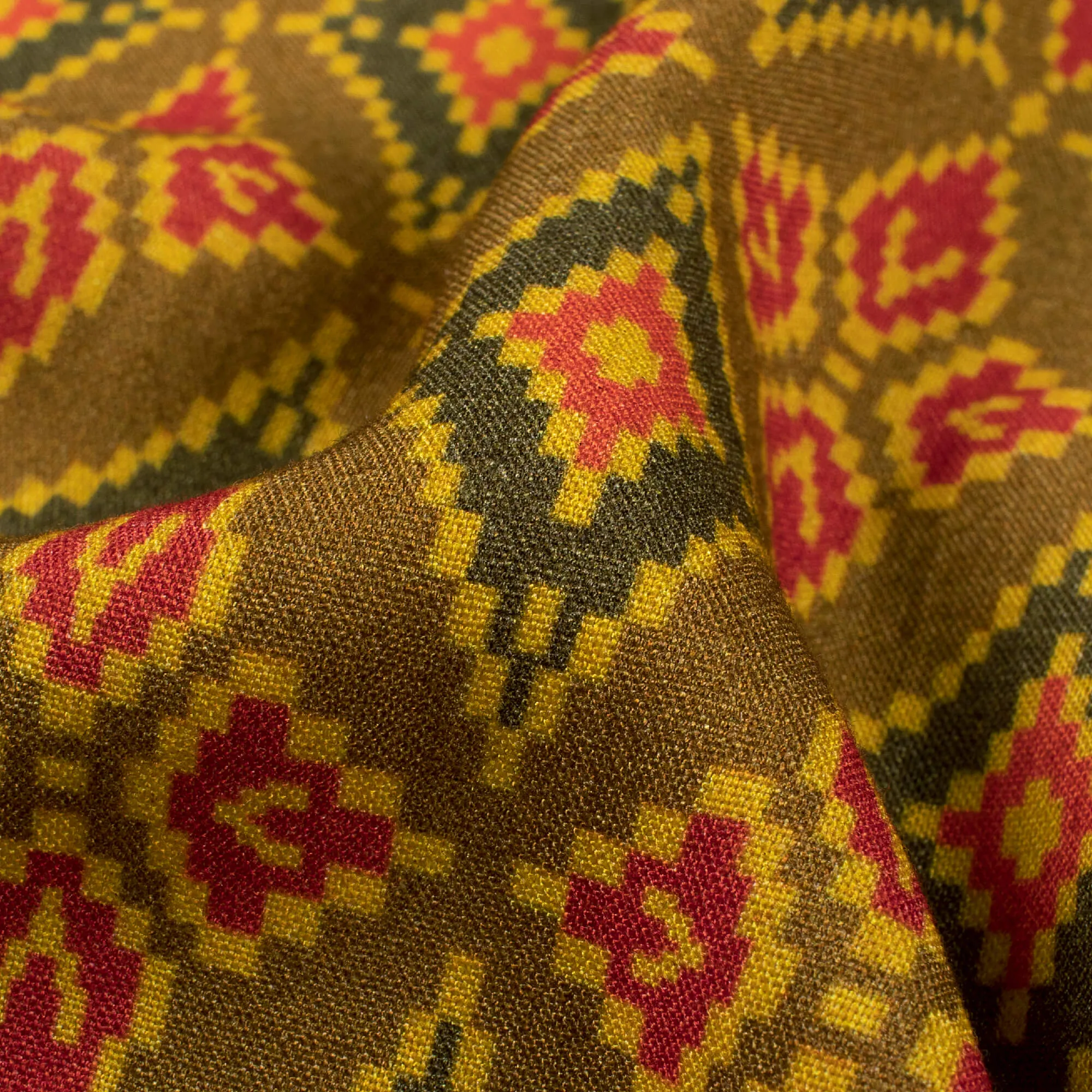 Yellow Red Patola Pattern Digital Print Viscose Rayon Fabric 58 Inches Wide Dijon Yellow