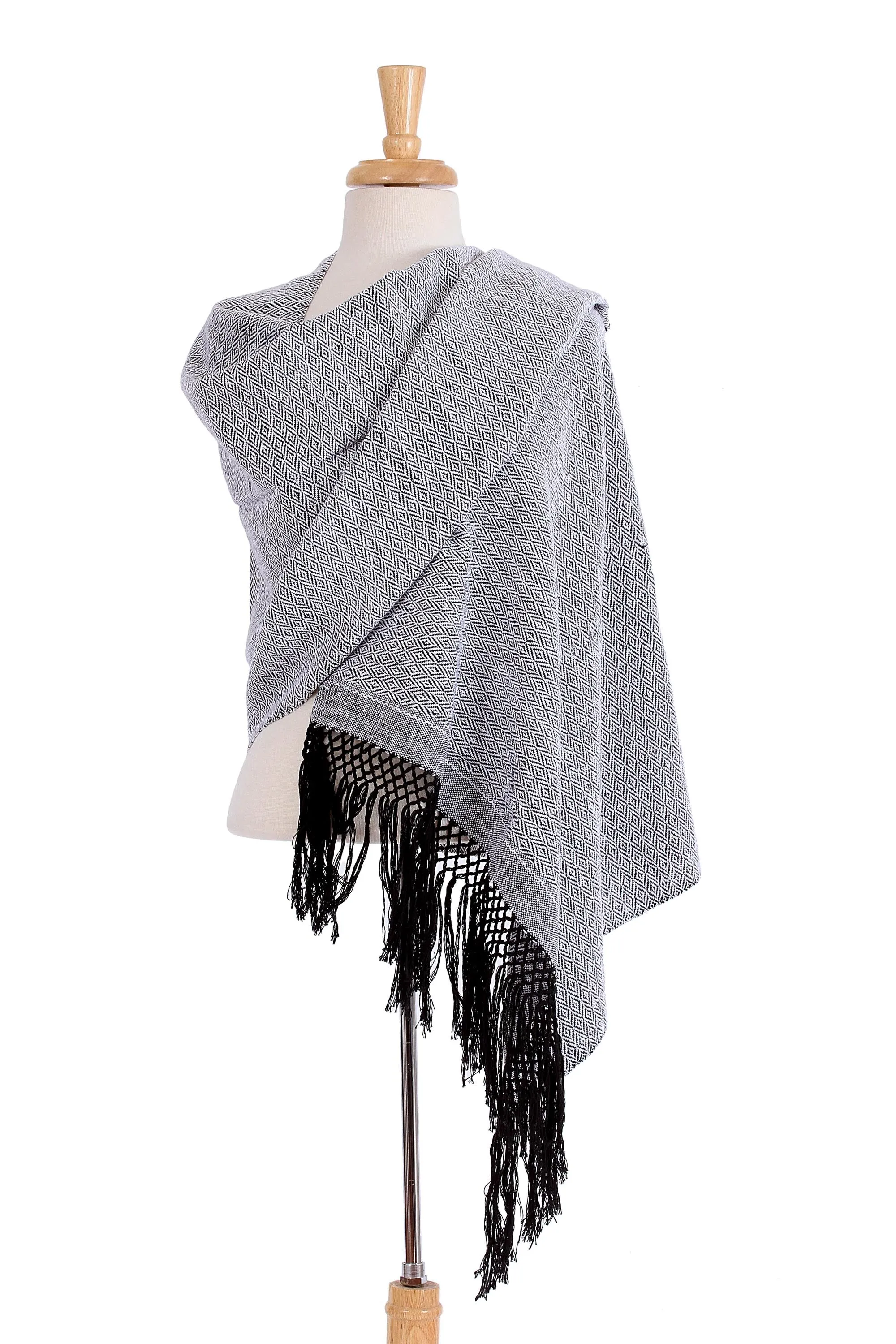 Zapotec Cotton Rebozo Shawl - White with Black Striped Diamonds