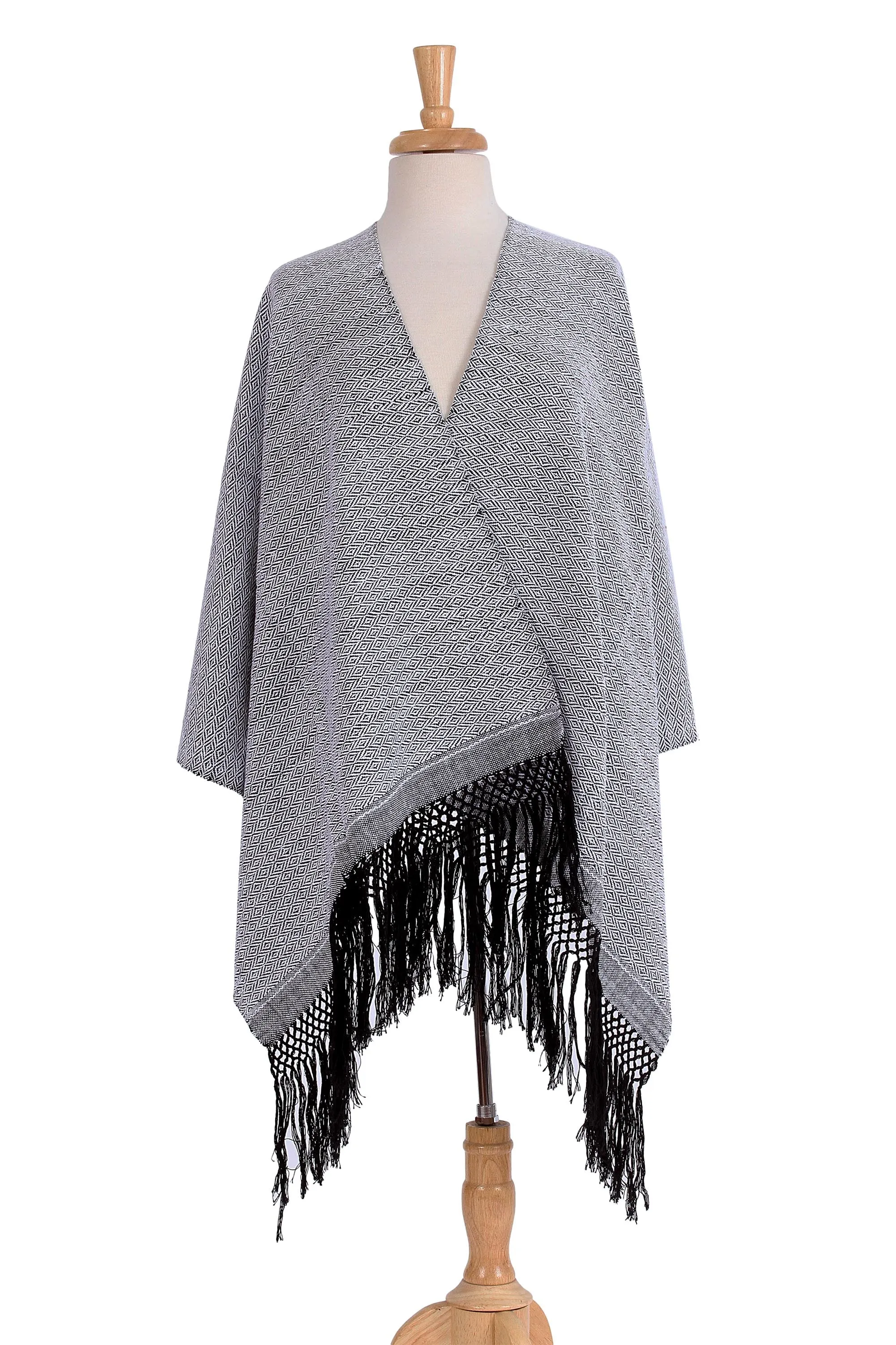 Zapotec Cotton Rebozo Shawl - White with Black Striped Diamonds