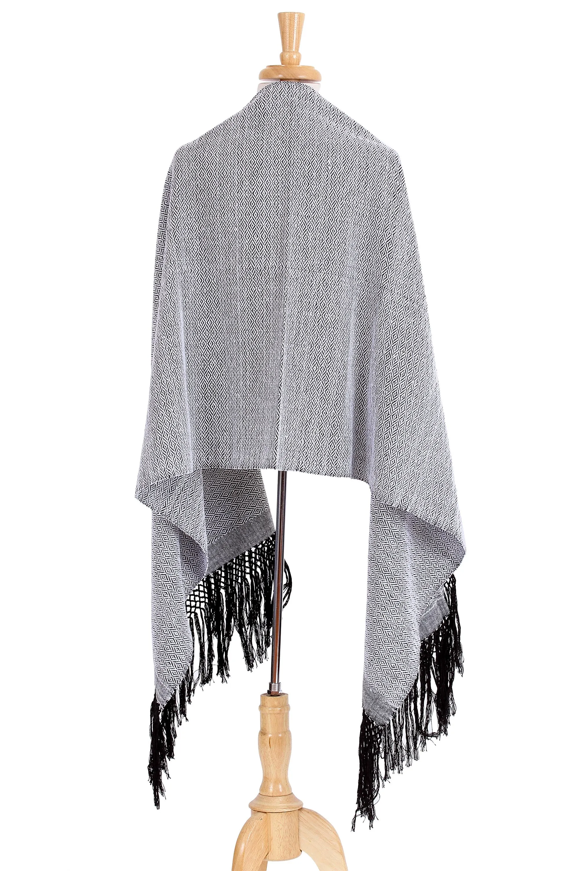 Zapotec Cotton Rebozo Shawl - White with Black Striped Diamonds